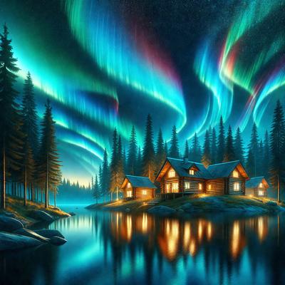 The primary subject of the image is a house situated on a hillside, surrounded by a forest. The house is lit up, creating a warm and inviting atmosphere. The setting is a serene, natural environment with a lake nearby. The visual style is a digital art or illustration, showcasing the house and its surroundings in a vibrant and detailed manner. The colors and mood are predominantly warm and inviting, with the house and the forest creating a sense of tranquility and harmony with nature
